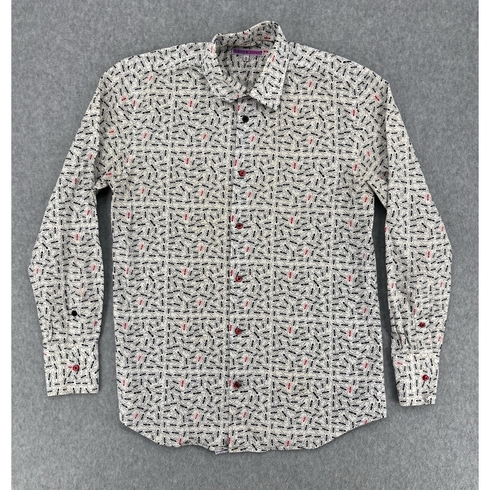 Coton Doux Ant Print Button Up Shirt Mens 38 15 White Red 100% Cotton Discolored